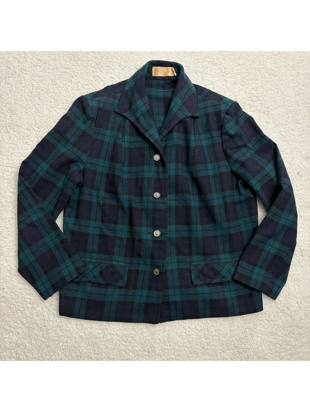 Vintage Pendleton Womens Wool Jacket Black Watch Plaid Buffalo Nickel Button 60s